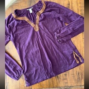 Lucky Brand Women’s Purple Long Sleeve embroidered Neck Line Gold Stitching